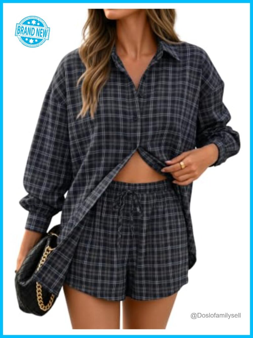 2 Piece Oversized Button Down Shirt Drawstring Shorts Set Casual Lounge
